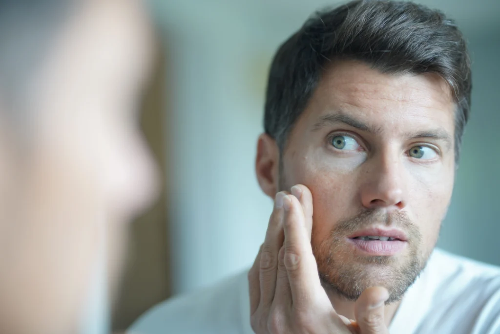 A man examining his skin, considering Sculptra for volume restoration.