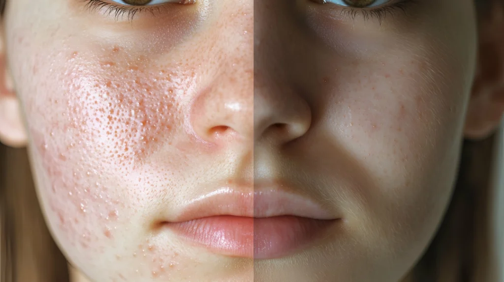 Close-up of a face showing before and after results of a chemical peel at a medspa.