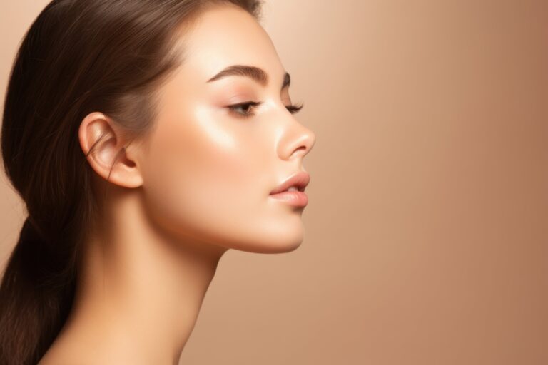 Side profile of glowing skin after dermal fillers.
