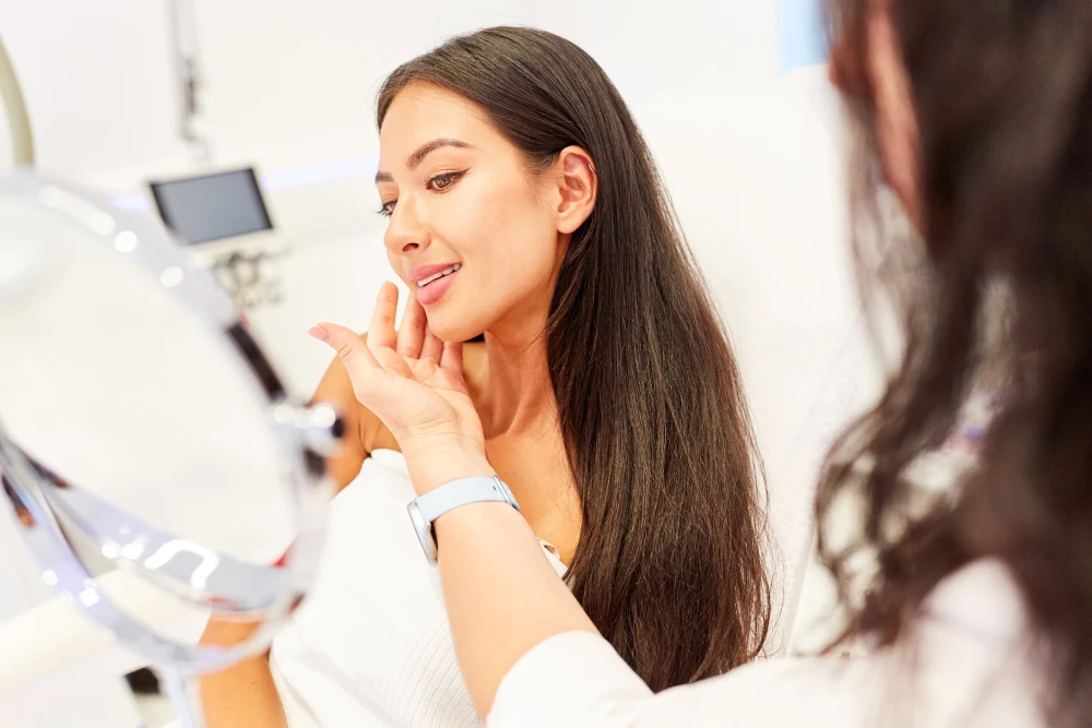 Woman examining her face in a mirror during a med spa consultation.
