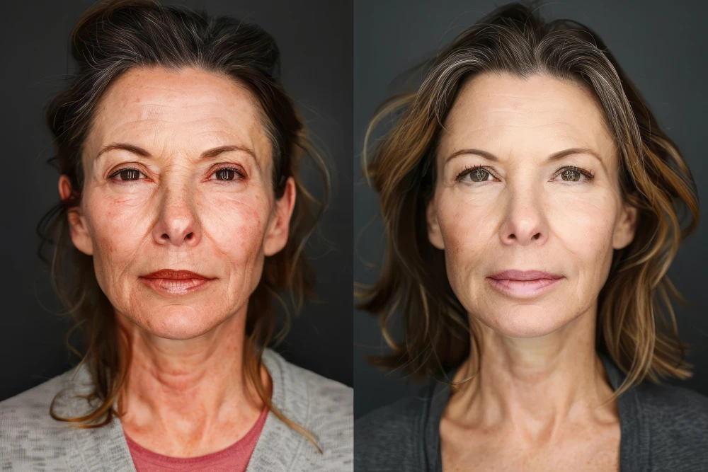 Before and after facial transformation with dermal fillers.