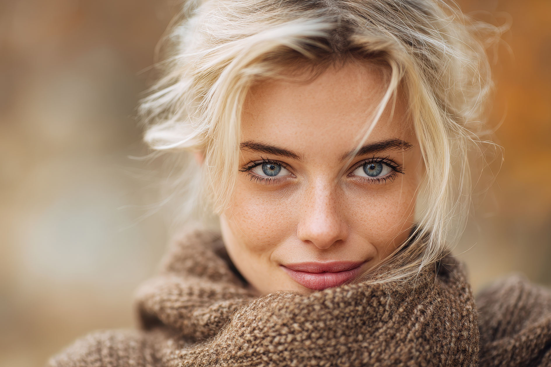 close-up of a woman with light hair wearing a brown knit sweater, standing outdoors with soft fall lighting
