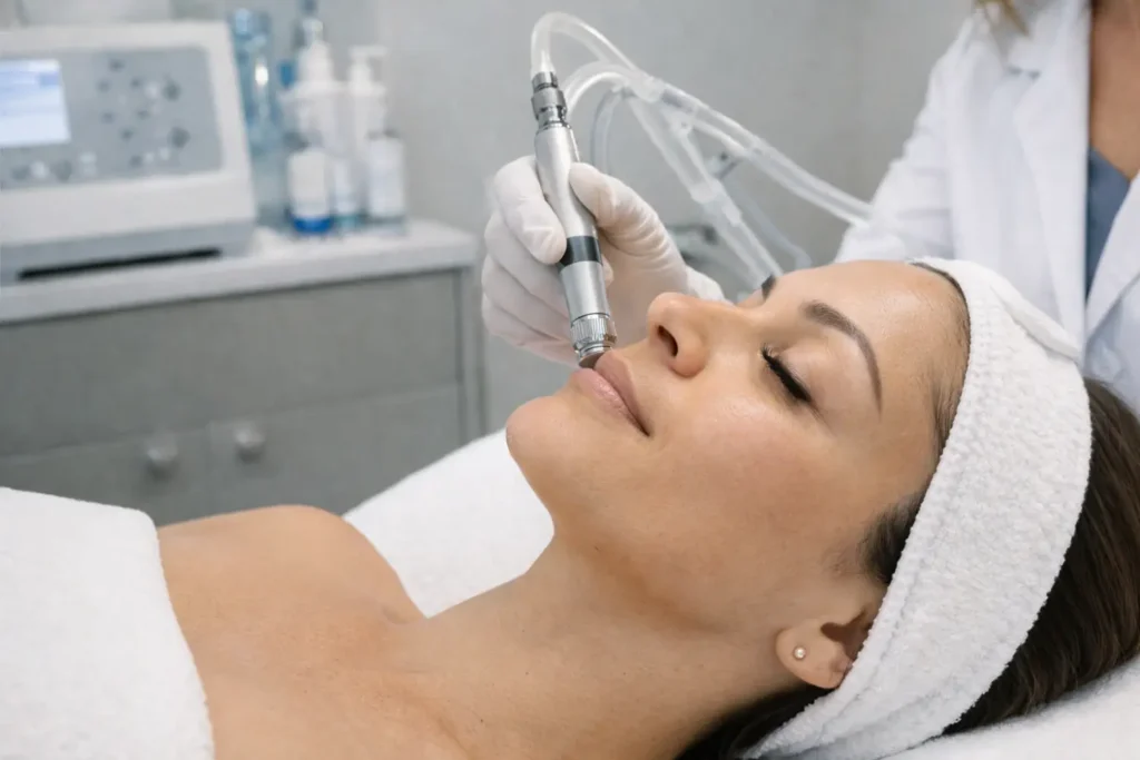 DiamondGlow facial treatment device exfoliating and infusing skin