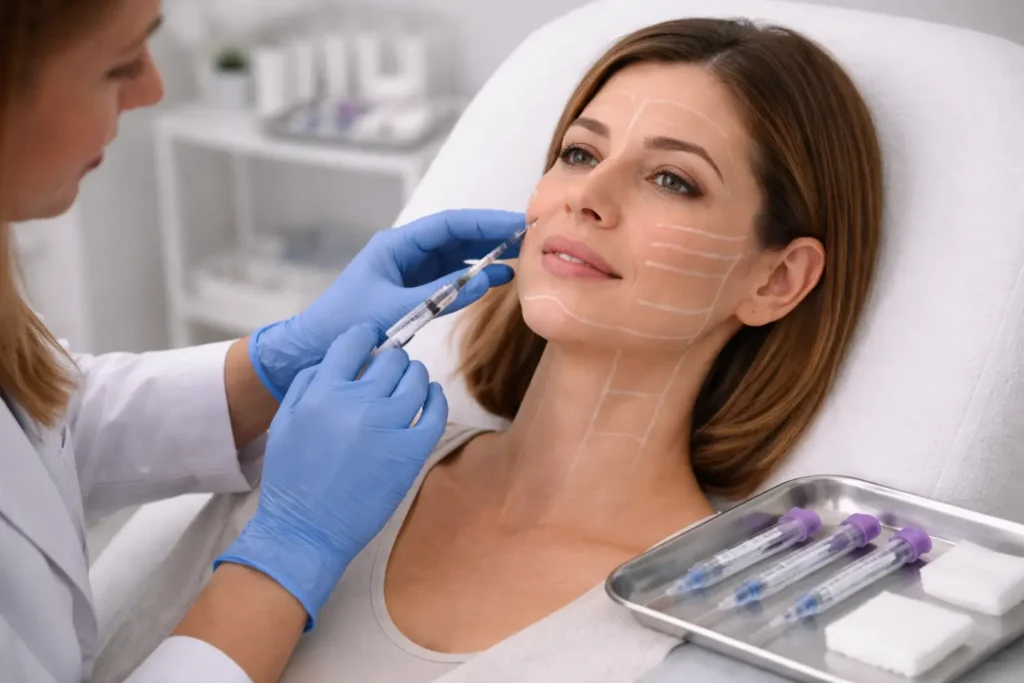 provider performing dermal filler injections for facial balancing treatment