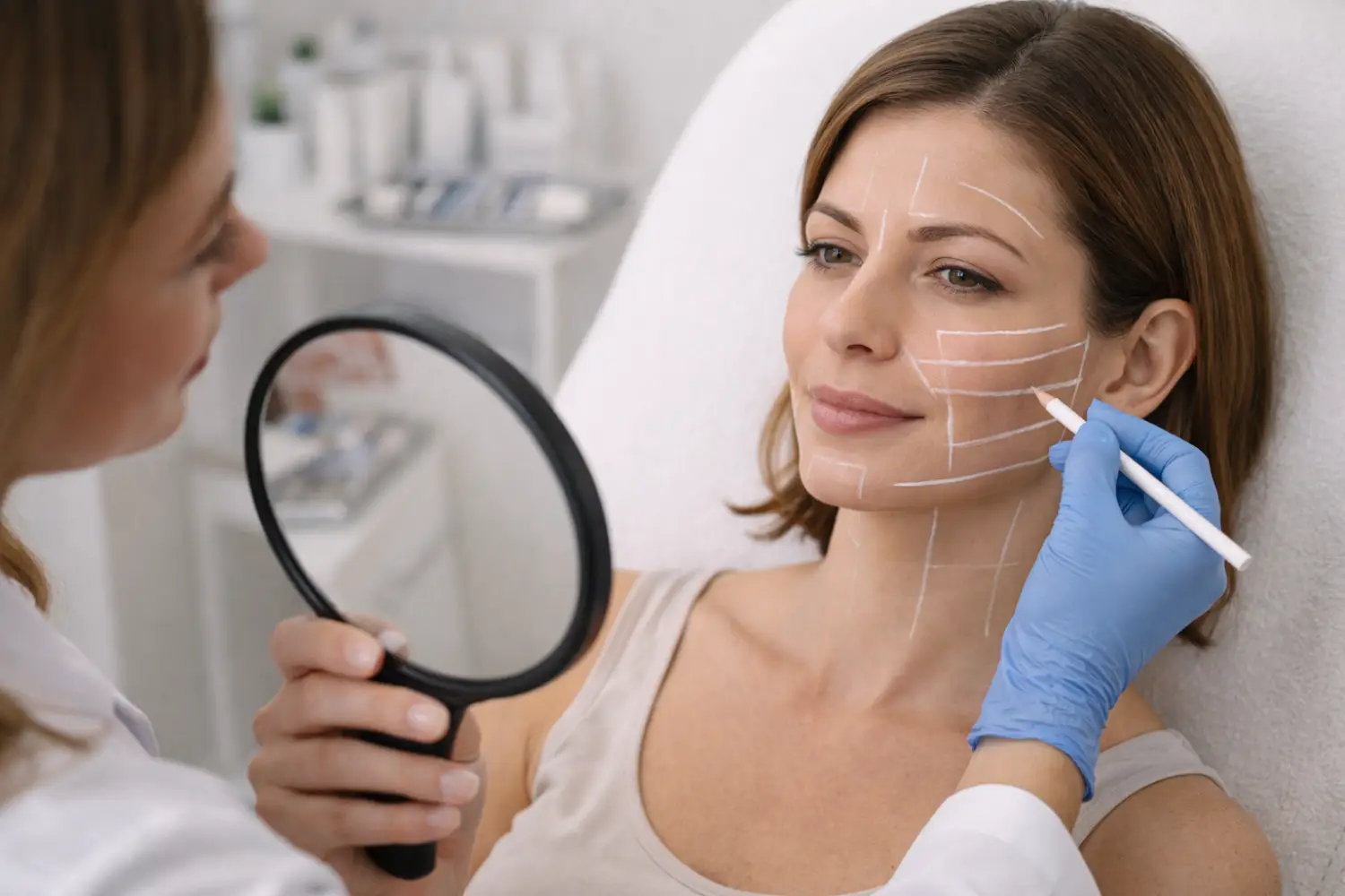 provider marking facial areas for balanced aesthetic treatment planning