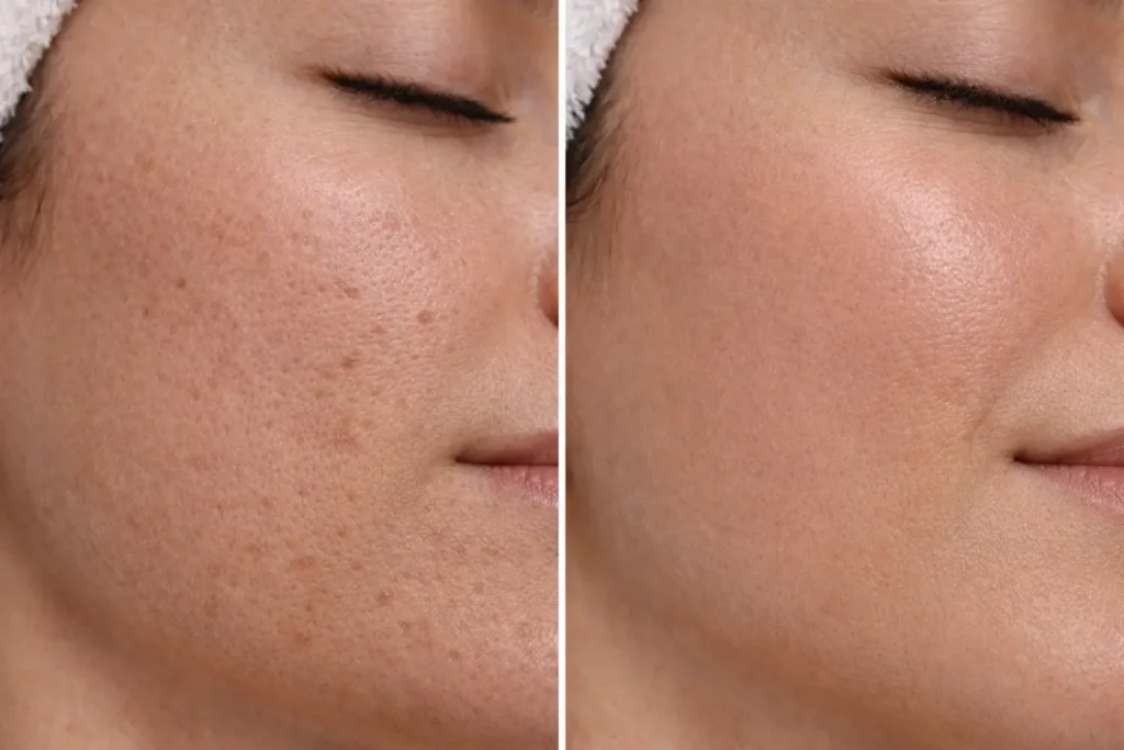 before and after comparison showing smoother skin and reduced imperfections after microneedling