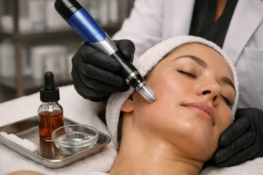 provider performing PDGF microneedling treatment on cheek with device
