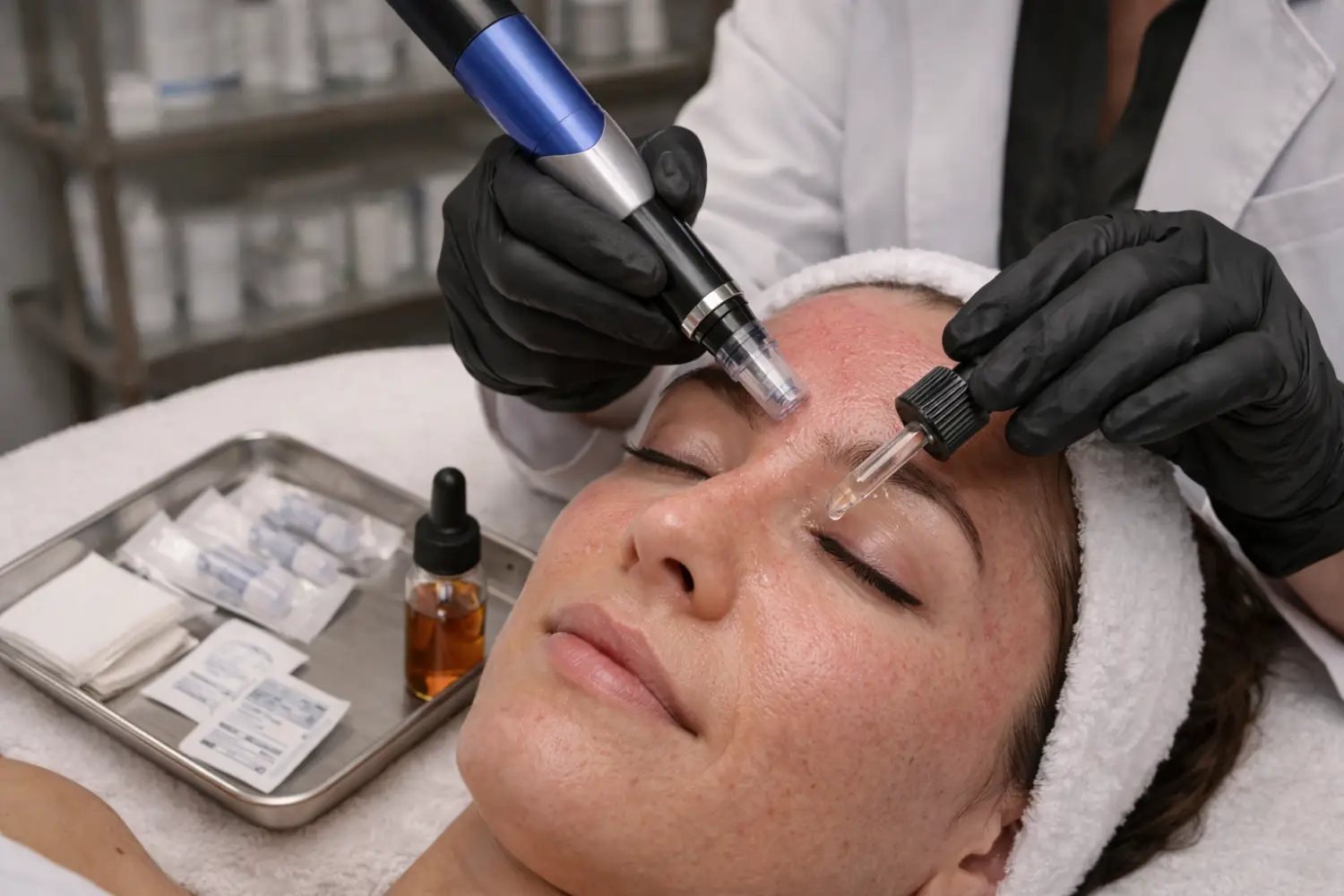 PDGF serum being applied during microneedling facial treatment
