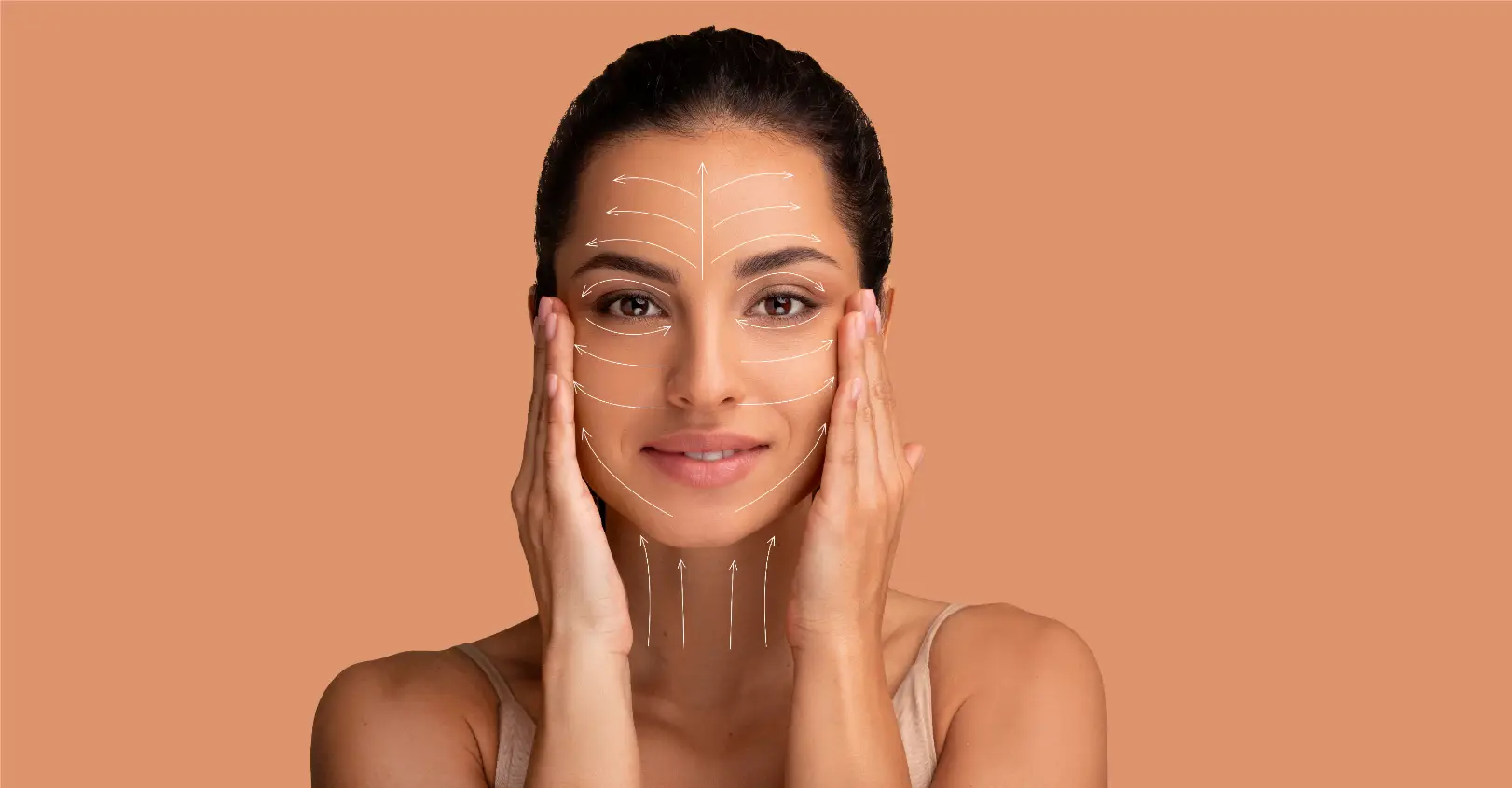 Woman with facial contour arrows demonstrating facial balancing and lifting treatment areas