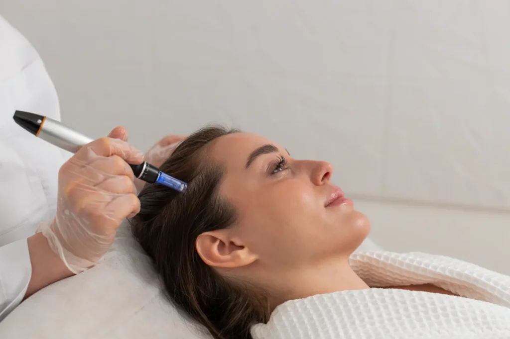 Gloved hand holding a pen-shaped device near the hairline of a reclining woman.