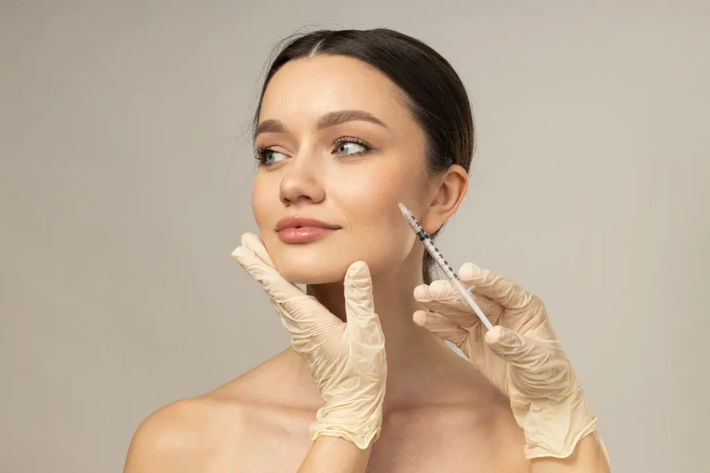 Gloved practitioner supports a woman's jaw while holding a syringe near the side of her lower cheek.