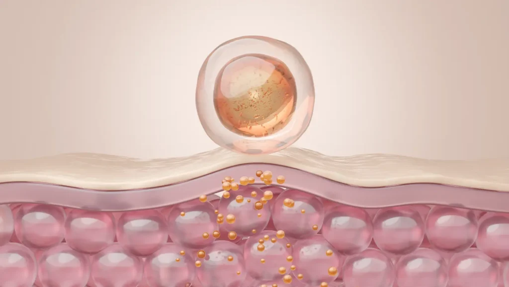 Three-dimensional illustration of a translucent sphere above layered pink cells with gold droplets.