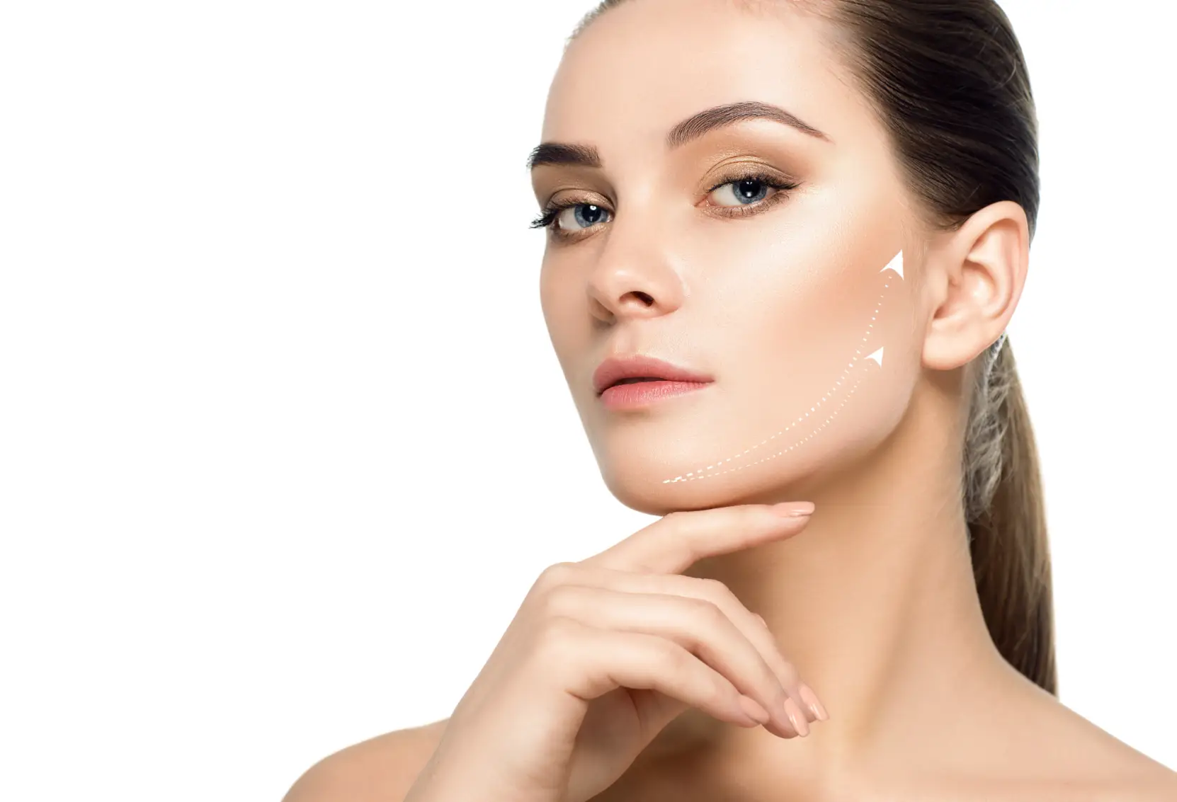 Woman resting her hand beneath her chin with two dotted arrows curving upward along her cheek.